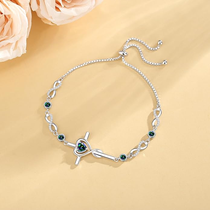 FANCIME Gift for Women Cross Bracelet 925 Sterling Silver Heart Birthstone Bracelet Fine Jewelry Birthday Gifts for Her Women