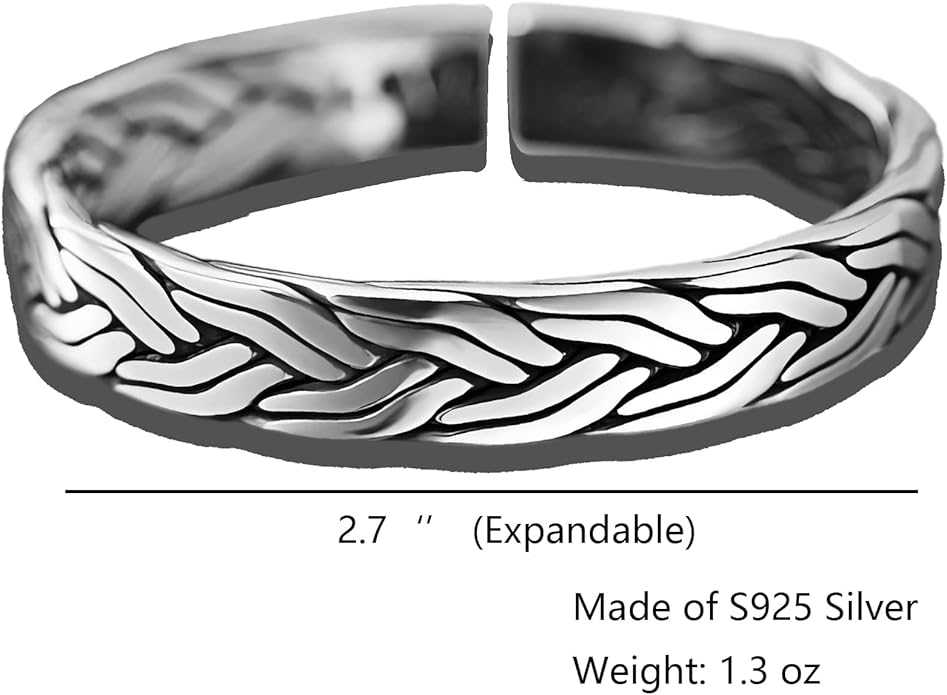 Kim Carrey S925 Sterling Silver Bracelet, Open Bangle Cuff Design, Men's Stacked Bracelets Gift Jewelry for My Man