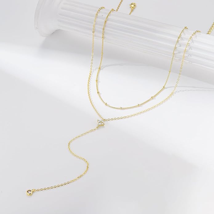 M MOOHAM Gold Lariat Necklace for Women - Dainty 14K Gold Plated Y-Shaped Long Drop Necklace Pearl Cross Clover Butterfly Cubic Zirconia Charm Layered Necklaces for Women Simple Jewelry Gifts