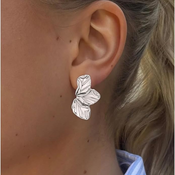 Chunky Gold Statement Earrings For Women Gold Plated Sectored Flower Leaf Shell Angel Wing Earrings Large Stud Earrings Hypoallergenic Earrings