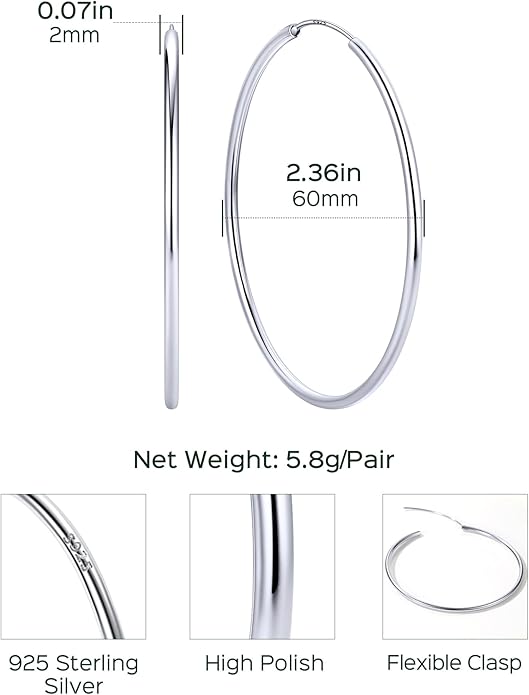 ChicSilver Hypoallergenic 925 Sterling Silver Hoop Earrings for Women, Lightweight Large Gold Plated Hoop Earrings, Endless Hoops Earring 20/30/40/50/60/70MM