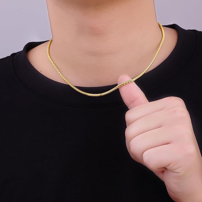 Fiusem Box Chain for Men, Silver Tone/14K Gold Plated/Black Stainless Steel Necklace for Men and Women, Width 2/2.5/3/4/5mm, Length 18-28 Inches