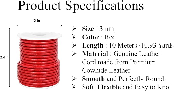 GENIQUE Real/Genuine Round Leather String Cord for Necklace, Bracelets, Jewelry, Kumihimo Braiding, DIY Projects (20 Metres) (2mm, Red)