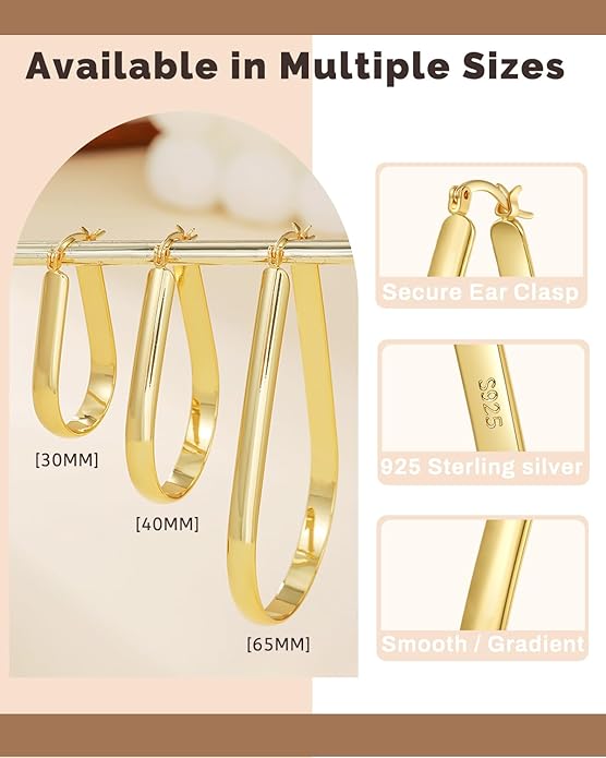 925 Sterling Silver Hoop Earrings for Women Hypoallergenic Oval Sterling Silver Hoop Earrings Large Silver Hoops Earring Lightweight Thick Silver Hoops Earrings for Women 30/40/55/65MM