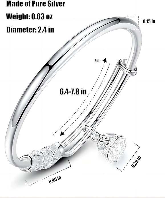 S925 Silver Bangle Bracelet for Women, Elegant Women‘s Sterling Silver Bracelet Bangle Adjustable 6.4-7.8 inches Small Size