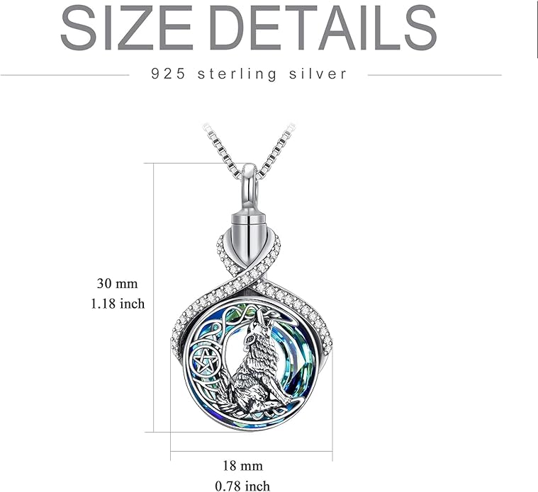 POPKIMI Wolf Urn Necklace Sterling Silver Crystal Urn Necklace for Ashes Cremation Jewelry for Ashes Memory Jewelry for Women Men