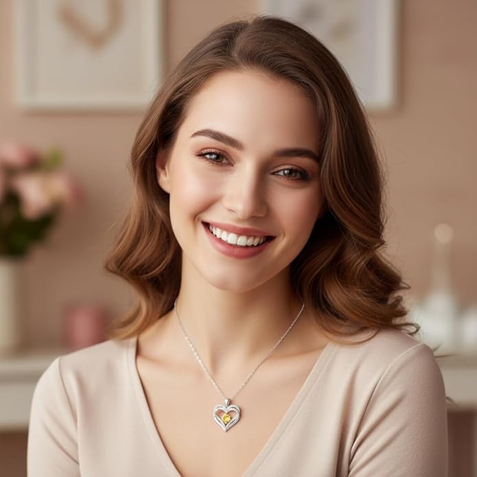 Birthstone Heart Necklace for Women Wife Girlfriend Mom Daughter Gifts S925 Silver Jewelry For Anniversary Rose Gold Gifts For Birthday Christmas Mothers Valentines Day