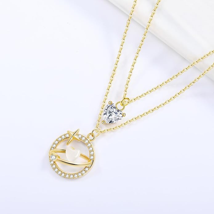 Copper Alloy 14K Gold Plated | 14K Platinum Plated Necklace for Women Double Layer Pendant Necklace Fashionable Multi-Layer Jewelry
