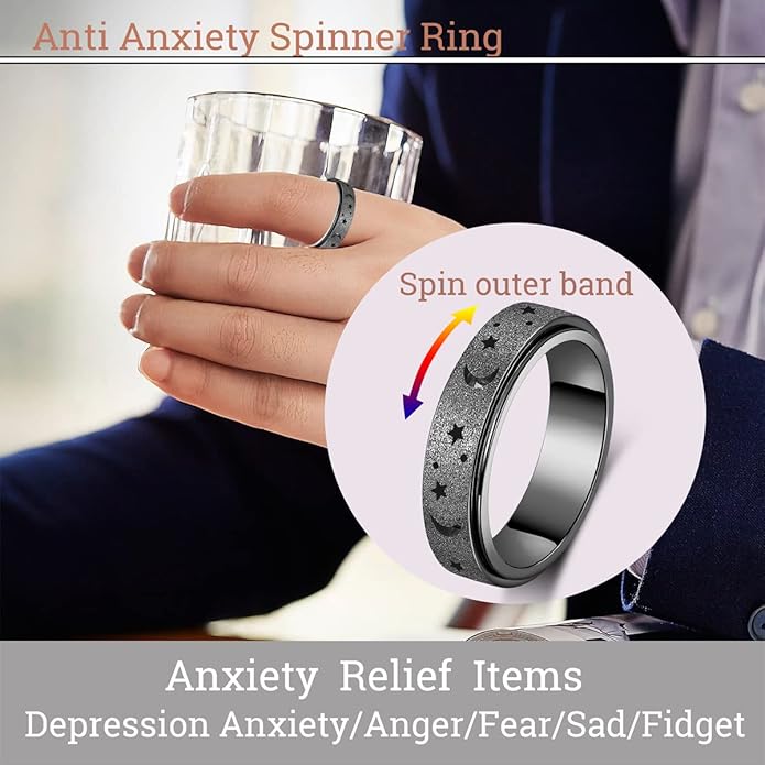AmorArtSky Anxiety Ring for Women Men, Titanium Stainless Steel Spinner Ring, 5 Colors, 6MM, Size 6-10, 3 Styles Anxiety Ring-Moon Star, Sandblasted Finished, Hollow Outer