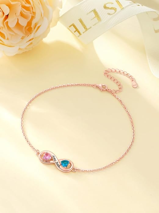 Custom4U Personalized Infinity Ankle Bracelets for Women 925 Sterling Silver Anklet Bracelet Endless Love Symbol Birthstone Charm Adjustable Foot Chain Jewelry Mothers Day Gifts for Mom Wife Women Her