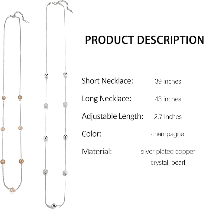 Silver Layered Long Necklace for Women Pearl Crystal Sweater Strand Chain Necklaces Fashion Gifts