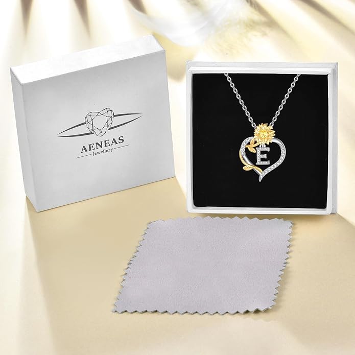 AENEAS Sunflower Initial Necklace for Women Gold Plated Sterling Silver Letter Heart Pendant Jewelry Gift for Mom Wife Birthday Anniversary Christmas