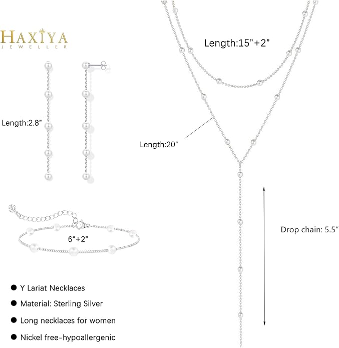 HAXIYA Lariat Gold Necklace for Women Dainty Long Necklace 14k Gold Plated/Silver Y-Shaped Pendant Drop Chain Trendy Layered Pearl/Beaded/CZ Necklaces Simple Gold Jewelry For Women Gift