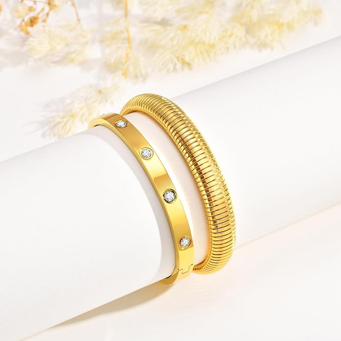 MPRAINBOW Gold Bracelets for Women, 2Pcs 18K Gold Plated Cubic Zirconia Bangle Crystal Friendship Bracelet Jewelry,Wedding Party Christmas Birthday Gifts for Her Girlfriend Sister Daughter