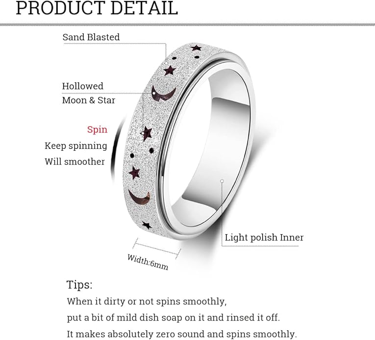 AmorArtSky Anxiety Ring for Women Men, Titanium Stainless Steel Spinner Ring, 5 Colors, 6MM, Size 6-10, 3 Styles Anxiety Ring-Moon Star, Sandblasted Finished, Hollow Outer