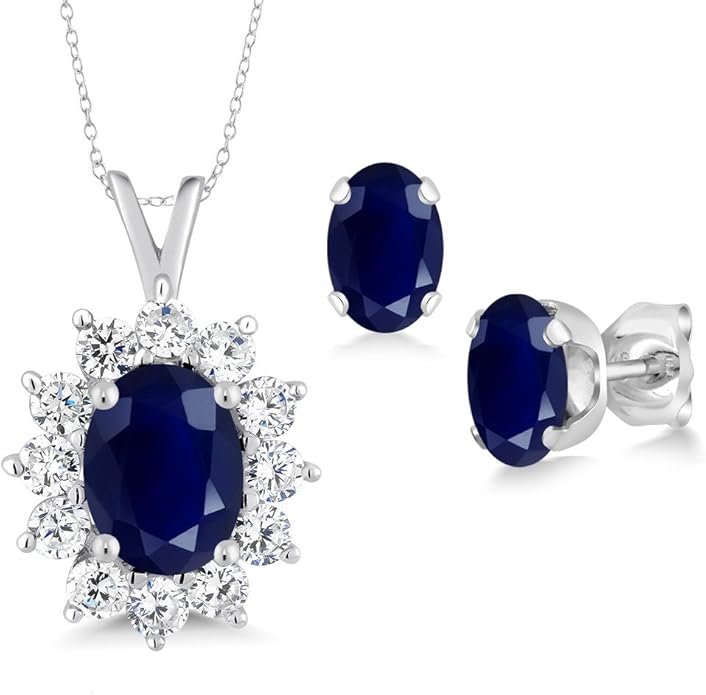 Gem Stone King 8X6MM and 6X4MM Oval Gemstone Birthstone Pendant and Earrings Jewelry Set For Women | 925 Sterling Silver | Fine Jewelry Gifts for Her Mom Women Wife | With 18 Inch Chain