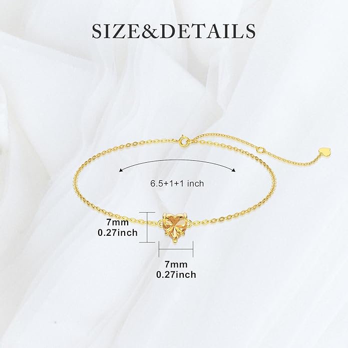 14k Gold Love Heart Gemstone Bracelet for Women,7MM Heart-cut Created Birthstone Anniversary Birthday Mother's Day Bracelets Jewelry for Mom Her 6.5''+2''