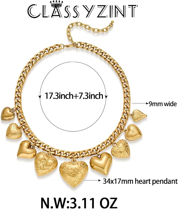 CLASSYZINT Gold Heart Pendant Necklace for Women Puffy Heart Necklace Beads Chain Necklace Statement Necklace Trendy Jewelry