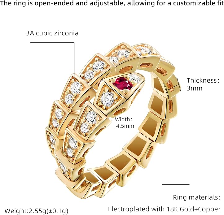 Aura & lrena Adjustable Snake Rings for Wome, 18K Gold or Platinum Plating Open-Ended Ring with AAA Cubic Zirconia Fashion Jewelry, Statement Gift Design Rings for Men and Women Non Tarnish