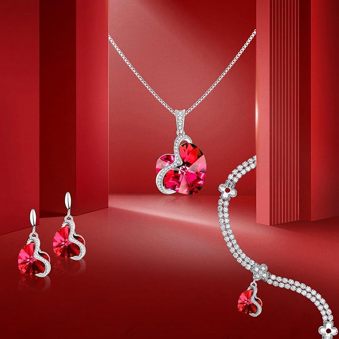 Blissful Heart Crystal Jewelry Sets For Women 18K White Gold Plated Bracelet Necklace and Earrings Sets for Wife Girlfriend or Mothers Idea Gift for Special Women in Life