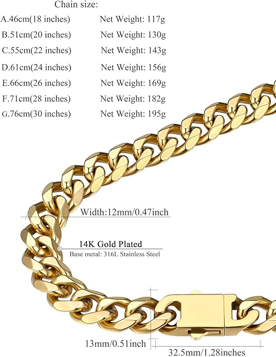 FindChic Cuban Link Chain for Men, 6/9/12mm Necklace Chain, Black/Gold Plated/Stainless Steel Necklace, Hypoallergenic & Tarnish-Proof Men's Jewelry Hip Hop Accessories, 18-30" Length Options