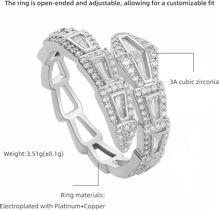 Aura & lrena Adjustable Snake Rings for Wome, 18K Gold or Platinum Plating Open-Ended Ring with AAA Cubic Zirconia Fashion Jewelry, Statement Gift Design Rings for Men and Women Non Tarnish