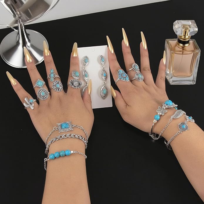 26 PCS Turquoise Cowgirl Jewelry for Women with Layered Boho Necklace, Turquoise Stud Earrings, Bohemian Bracelet and Ring Set, Country Western Jewelry for Women Gift