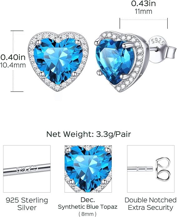 ChicSilver 925 Sterling Silver Birthstone Earrings for Women, 8MM/2 Carat Heart & Round Cubic Zirconia Stud Earrings, Hypoallergenic Jewelry, Ideal Birthday or Christmas Gifts
