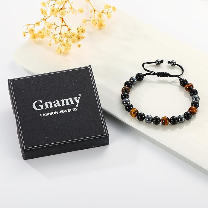 Triple Protection Bracelet for Men, Mens Black Obsidian Hematite Tiger Eye Beaded Natural Stone Evil Eye Bracelet Jewelry Gifts for Birthday Christmas