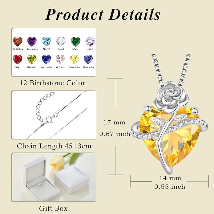 Birthstone Necklace for Women 925 Sterling Silver Love Heart Rose Flower Necklace Dainty Jewelry Gifts for Women Wife Girlfriend Mother Daughter Her