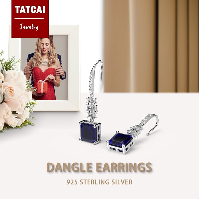 18K White Gold Plated Sterling Silver Asscher Cut Cubic Zirconia Dangle Earrings for Women Square CZ Diamond Drop Dangling Earrings for Women Mom