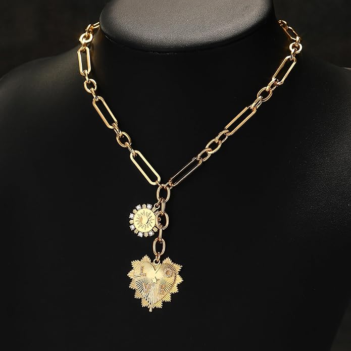 Chunky Gold Necklace for Women, 18K Waterproof Heart Necklace Statement Necklace Gold Charm Necklace Chunky Jewelry Paperclip Chain Choker Gift for Women