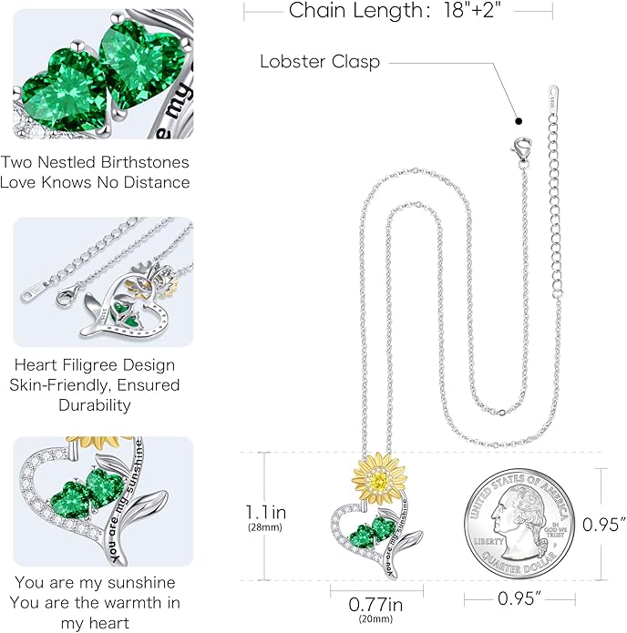 PERJI Valentine's Day Gifts for Women - 925 Sterling Silver Double Birthstone Sunflower Necklace, Anniversary Birthday Jewelry You are My Sunshine Gifts for Wife Couple Girlfriend 18"+2" Non Tarnish