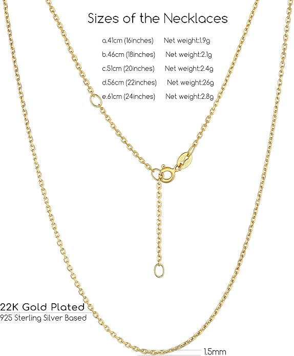 Suplight 925 Sterling Silver Necklace Chain for Women-1.1&1.5mm Chain Necklace 22k Gold Plated/Silver Necklaces for Women Thin & Sturdy-Adjustable Length-Italian Quality 16-24 Inch