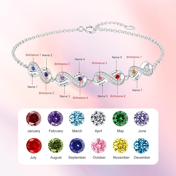 BABOOM Personalized Birthstone Bracelet for Mom Custom Infinity Name Bracelets with 1-8 Birthstones Jewelry Mothers Day Gifts for Women Mother Wife Grandma