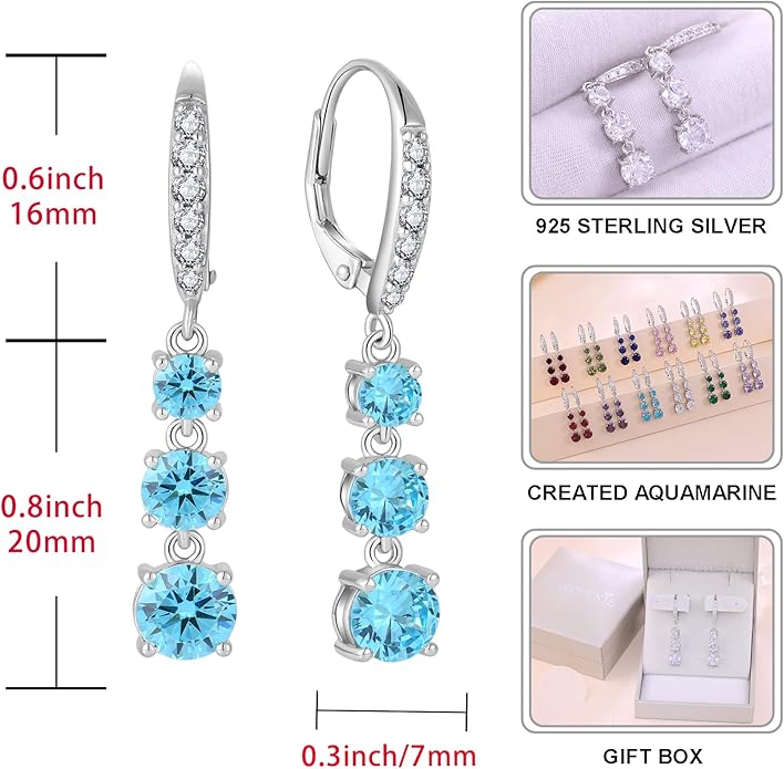 Starchenie Dangle Drop Earrings for Women 925 Sterling Silver Leverback Earrings Birthstone Jewelry