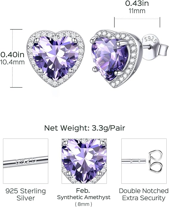 ChicSilver 925 Sterling Silver Birthstone Earrings for Women, 8MM/2 Carat Heart & Round Cubic Zirconia Stud Earrings, Hypoallergenic Jewelry, Ideal Birthday or Christmas Gifts