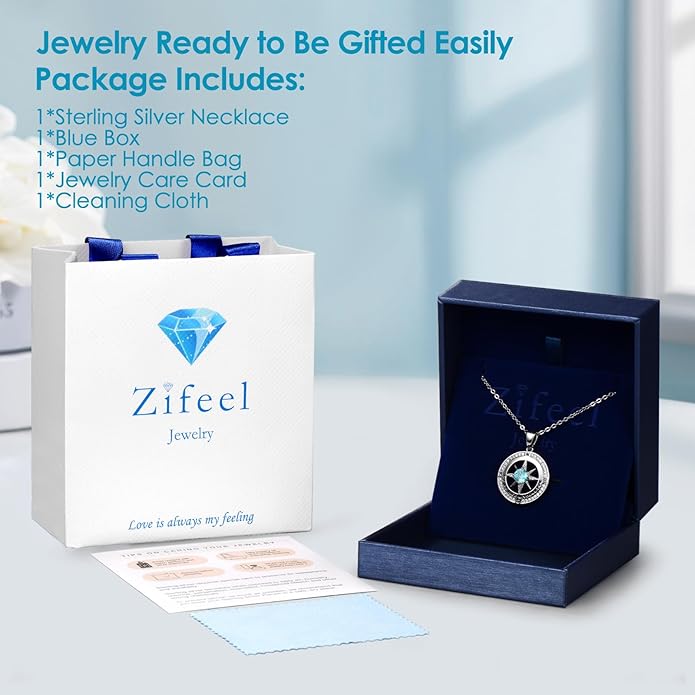 Zifeel Compass Necklace Gifts for Women wife - S925 Sterling Silver Birthstone Necklaces for Women - Anniversary Birthday Gifts for Her Wife Girlfriend - Valentines Mom Mothers Day Christmas Gifts Jewelry for Women