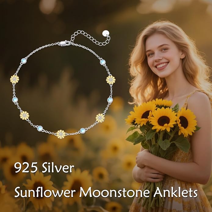 CRMAD 925 Sterling Silver Daisy/Sunflower Moonstone Anklet Daisy Flower Ankle Bracelet for Women Beach Dainty Jewelry