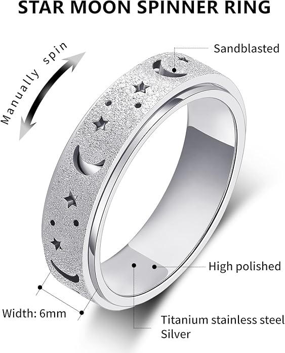 AmorArtSky Anxiety Ring for Women Men, Titanium Stainless Steel Spinner Ring, 5 Colors, 6MM, Size 6-10, 3 Styles Anxiety Ring-Moon Star, Sandblasted Finished, Hollow Outer