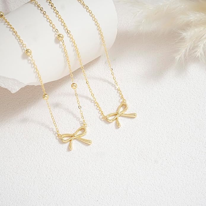 Gold Necklace for Women Dainty Bow Necklace 14K Gold Plated Cute Choker Necklace Small Bow Pendant Charm Necklaces Teen Gift Trendy Stuff Personalized Jewelry Gifts