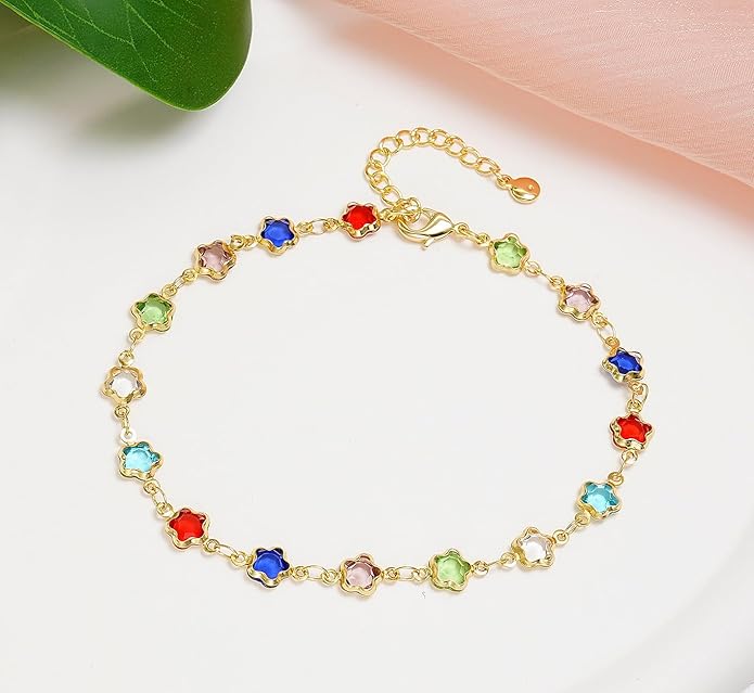 18K Gold Plated Anklet for Women Multicolor Crystal Ankle Bracelets Boho Adjustable Chain Anklets