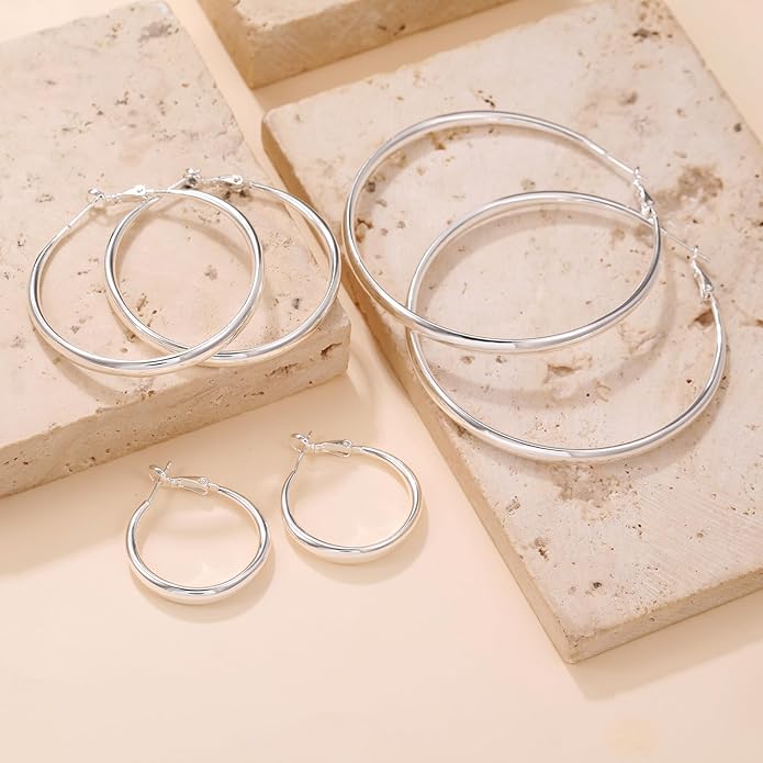 PABBEU S925 SterlingSilver Hoop Earrings Hypoallergenic Silver Hoop Earrings for Women Lightweight Large Sterling Silver Hoops Earring 30/50/70mm