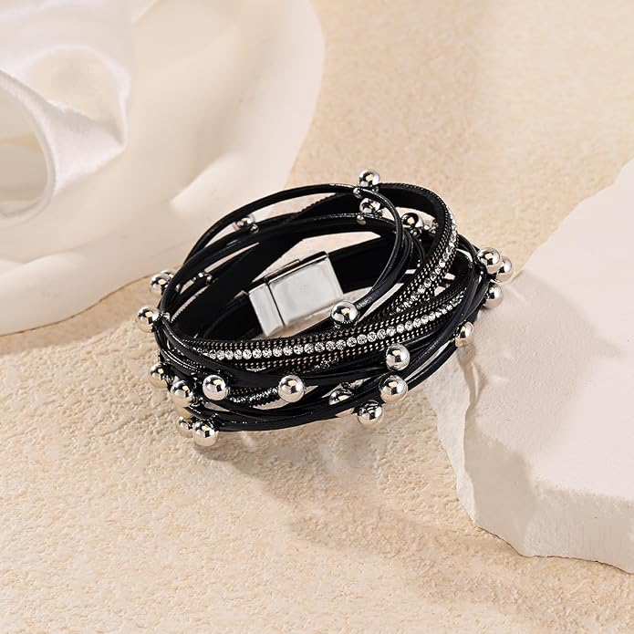 ENGCKSHI Wrapped Bracelets for Women,Leather Bracelet,Boho Bracelets for Women,Multi-Layer Pearl Crystal Bracelet Bangle Jewelry