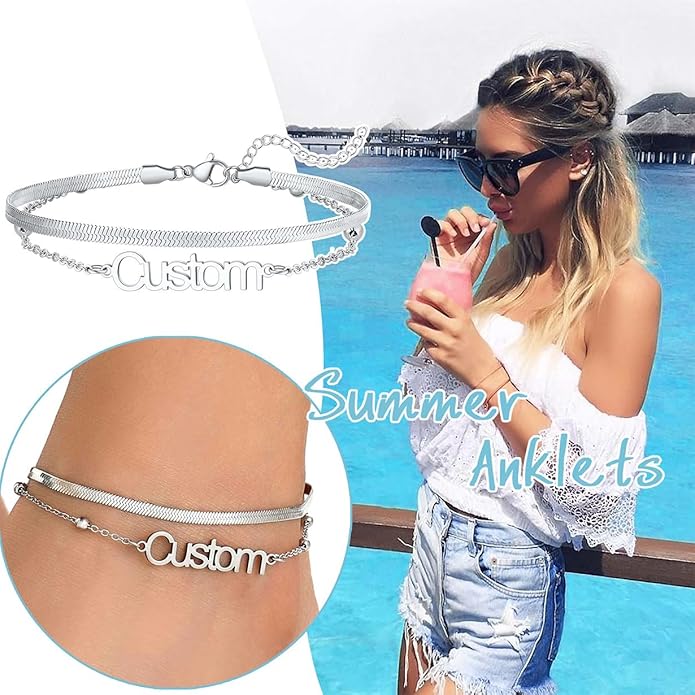 U7 Custom Layered Ankle Bracelets for Women Stainless Steel Bead/Cuban/Figaro/Rope/Wheat Chain Anklet Waterproof Anklet Jewelry for Beach Vacation