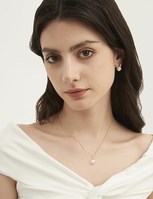Mameloly Pearl Necklaces for Women Trendy 925 Sterling Silver Dainty V CZ Pendant 10MM/12MM Single Simulated White Pearl Choker Necklace for Women Wedding Cute Jewelry