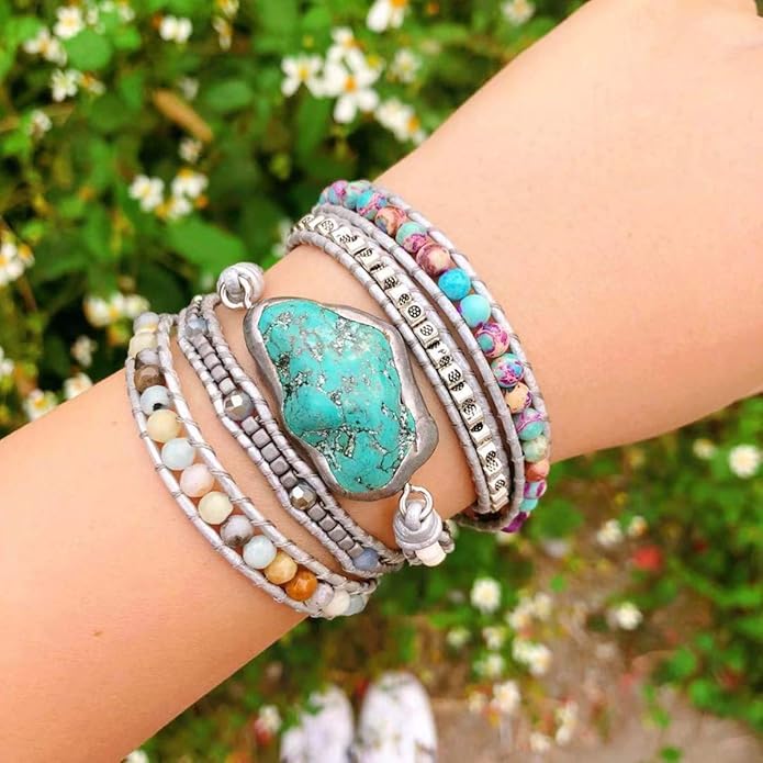 ZOSOJONA Boho Handmade Natural Stone Wrap Bracelets Turquoises Crystal Beads Bracelet Jewelry