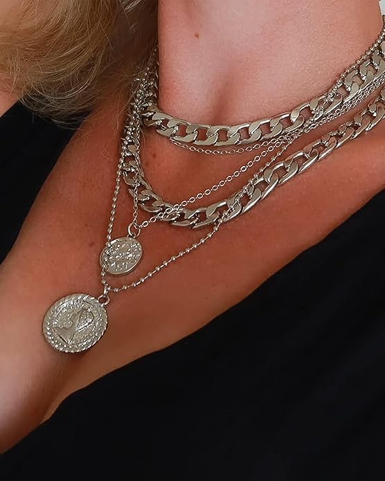 MJartoria Layered Necklaces for Women Trendy Retro Coin Pendant Necklace Dainty Chunky Chain Choker Necklaces for Jewelry Birthday Gifts