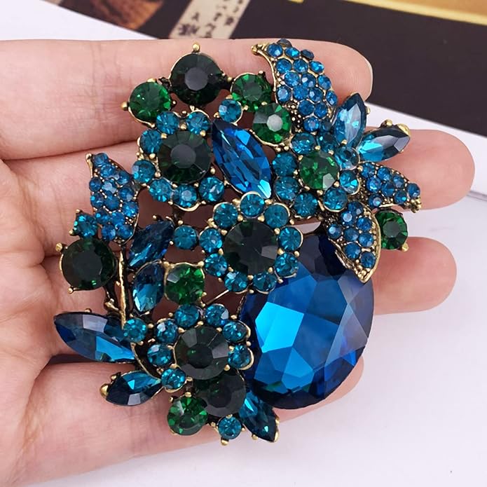 SELOVO Rhinestone Glitter Flower Brooch Pin Jewelry Scarf Accessory Vintage Gold Tone