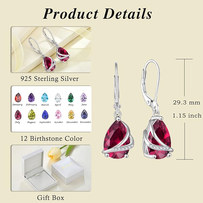 Birthstone Dangle Drop Earrings for Women 925 Sterling Silver Teardrop Leverback Earrings Jewelry Gifts for Wife Mother Her
